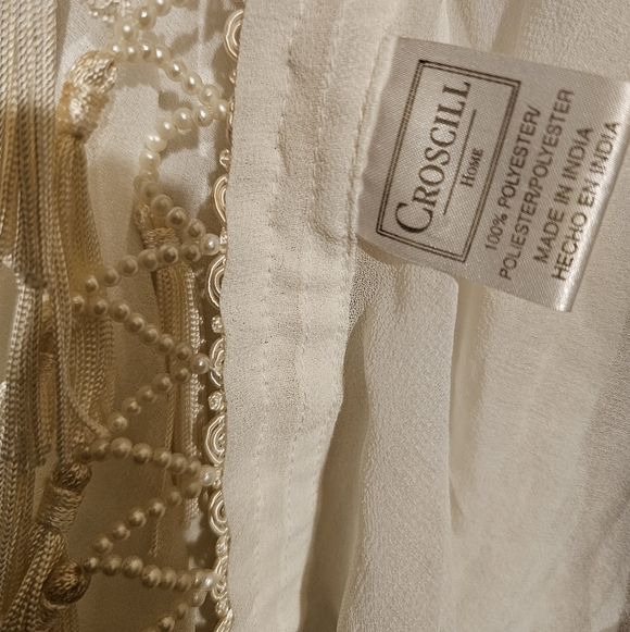 Vintage Curtain Scarf Cream Sheer Material Beads and Fringe - Picture 6 of 6